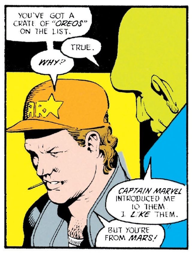 'Panel from JLI#8 - J'onn discusses his love of Oreos with a delivery man.'